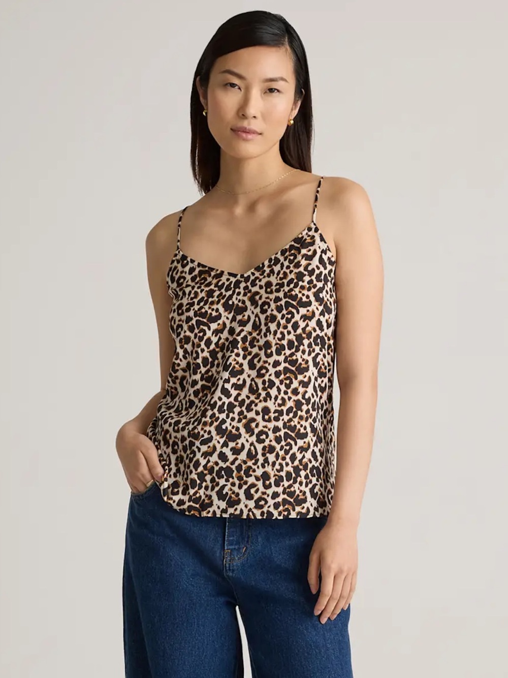 Quince Leopard Print Spaghetti Strap Cami in Tan/Black